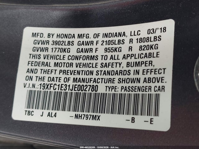 46328359 :رقم المزاد ، 19XFC1E31JE002780 vin ، 2018 Honda Civic Ex-t مزاد بيع