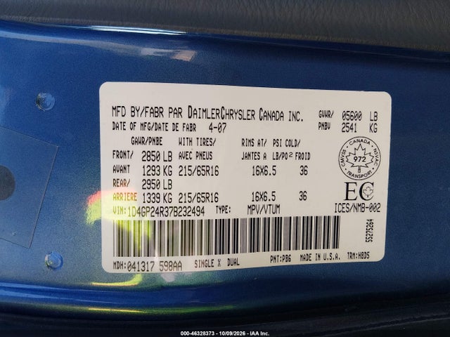 46328373 :رقم المزاد ، 1D4GP24R37B232494 vin ، 2007 Dodge Grand Caravan مزاد بيع