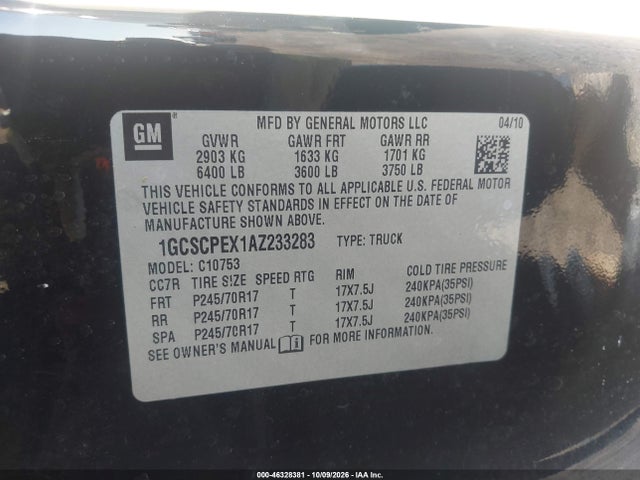 46328381 :رقم المزاد ، 1GCSCPEX1AZ233283 vin ، 2010 Chevrolet Silverado 1500 Work Truck مزاد بيع