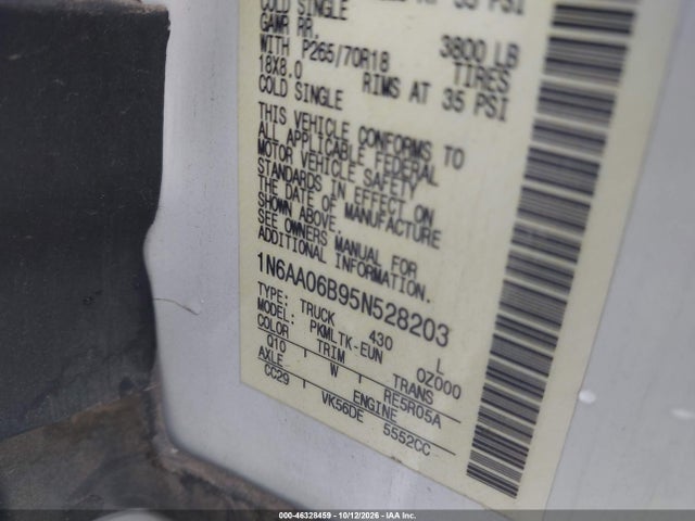 Aukcja sprzedaży 2005 Nissan Titan Se, vin: 1N6AA06B95N528203, numer aukcji: 46328459