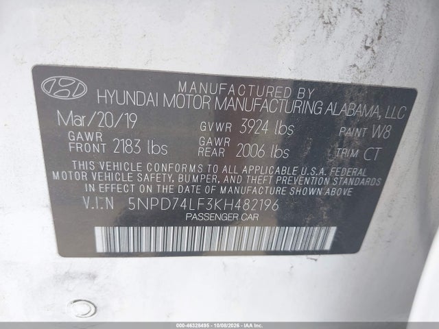 Продаж на аукціоні авто 2019 Hyundai Elantra Se, vin: 5NPD74LF3KH482196, номер лоту: 46328495