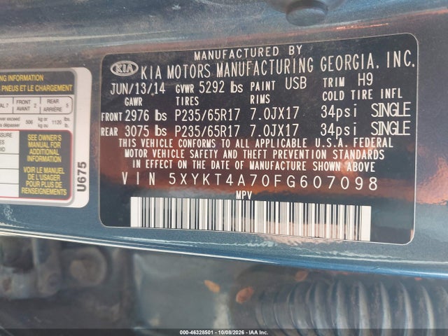 KIA Sorento Lx V6 2015 5XYKT4A70FG607098 Image 9