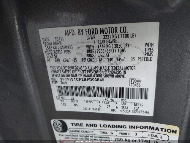 2011 Ford F-150 Xlt მანქანა იყიდება აუქციონზე, vin: 1FTFW1CF2BFD03649, აუქციონის ნომერი: 46328520