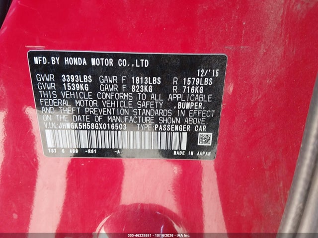 46328581 :رقم المزاد ، JHMGK5H58GX016503 vin ، 2016 Honda Fit Lx مزاد بيع