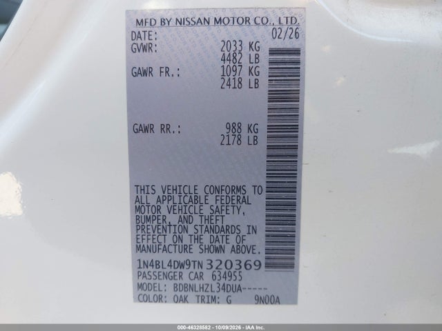 Auction sale of the 2026 Nissan Altima Sv Awd, vin: 1N4BL4DW9TN320369, lot number: 46328582