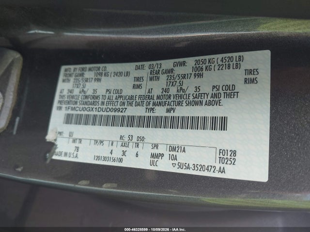 2013 Ford Escape Se მანქანა იყიდება აუქციონზე, vin: 1FMCU0GX1DUD09927, აუქციონის ნომერი: 46328599
