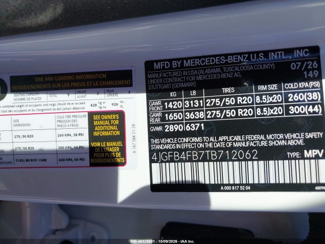 Aukcja sprzedaży 2026 Mercedes-benz Gle 350, vin: 4JGFB4FB7TB712062, numer aukcji: 46328601