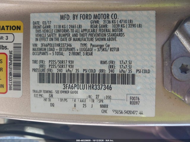 Продажа на аукционе авто 2017 Ford Fusion Hybrid Se, vin: 3FA6P0LU1HR337346, номер лота: 46328609
