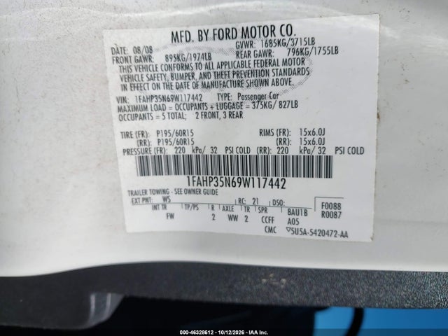 46328612 :رقم المزاد ، 1FAHP35N69W117442 vin ، 2009 Ford Focus Se مزاد بيع