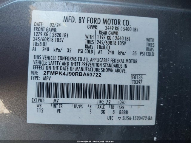 46328656 :رقم المزاد ، 2FMPK4J90RBA93722 vin ، 2024 Ford Edge Sel مزاد بيع