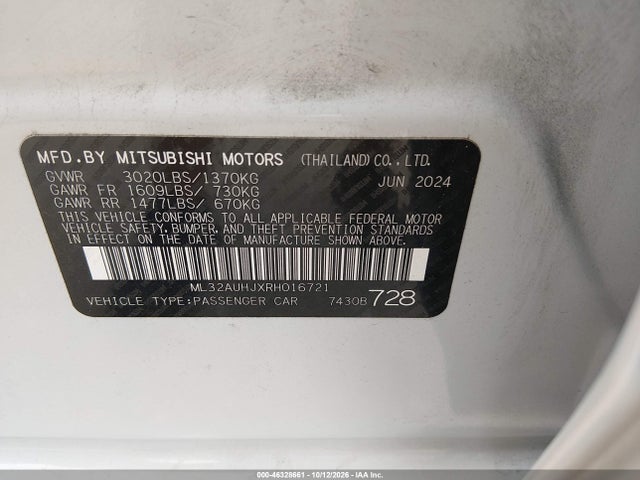 Aukcja sprzedaży 2024 Mitsubishi Mirage Es/le, vin: ML32AUHJXRH016721, numer aukcji: 46328661