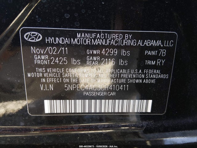 Продаж на аукціоні авто 2012 Hyundai Sonata Se, vin: 5NPEC4AC3CH410411, номер лоту: 46328673