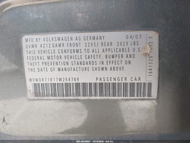 46328687 :رقم المزاد ، WVWDR71K17W254789 vin ، 2007 Volkswagen Rabbit 4-door مزاد بيع