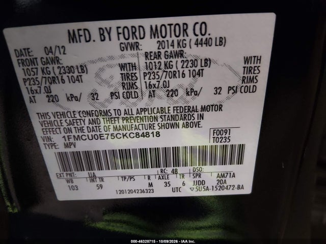 46328715 :رقم المزاد ، 1FMCU0E75CKC84818 vin ، 2012 Ford Escape Limited مزاد بيع