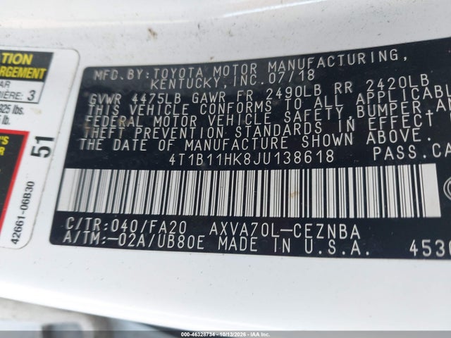 Продаж на аукціоні авто 2018 Toyota Camry Le, vin: 4T1B11HK8JU138618, номер лоту: 46328734