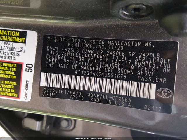 46328743 :رقم المزاد ، 4T1C31AK2MU551678 vin ، 2021 Toyota Camry Le Hybrid مزاد بيع