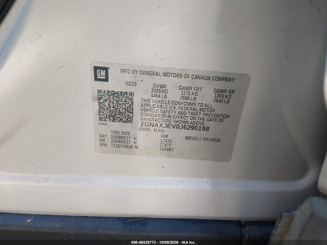 Aukcja sprzedaży 2018 Chevrolet Equinox Lt, vin: 2GNAXJEV0J6290198, numer aukcji: 46328773