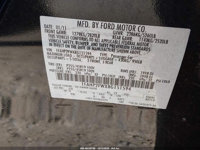 46328796 :رقم المزاد ، 1FAHP2FWXBG151594 vin ، 2011 Ford Taurus Limited مزاد بيع
