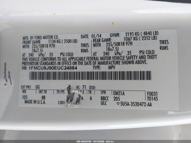 2014 Ford Escape Titanium მანქანა იყიდება აუქციონზე, vin: 1FMCU9J90EUC24884, აუქციონის ნომერი: 46328799