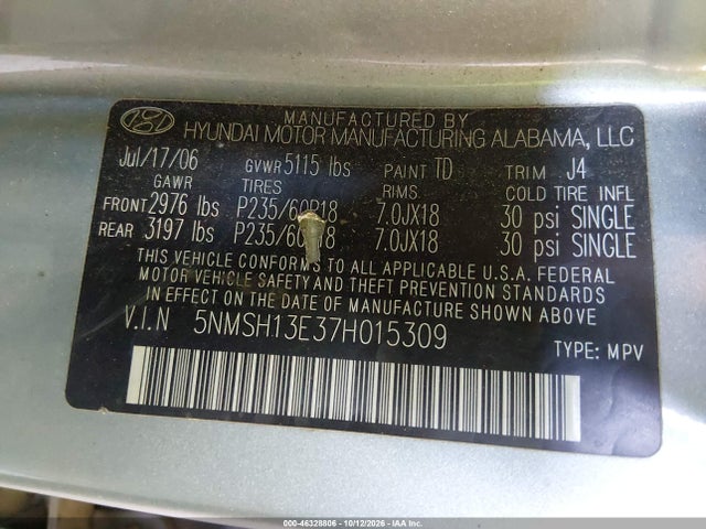 Auction sale of the 2007 Hyundai Santa Fe Limited/se, vin: 5NMSH13E37H015309, lot number: 46328806