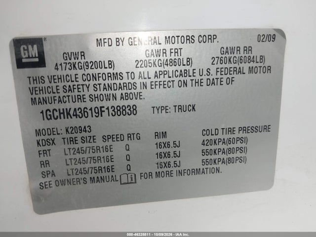 2009 Chevrolet Silverado 2500hd Work Truck მანქანა იყიდება აუქციონზე, vin: 1GCHK43619F138838, აუქციონის ნომერი: 46328811