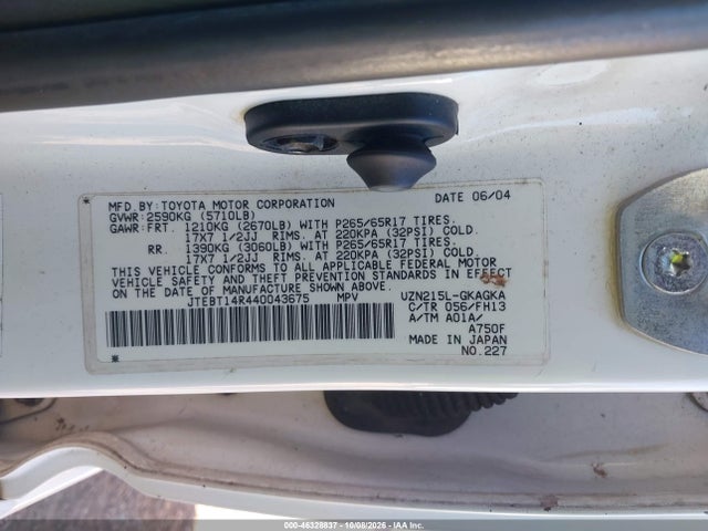 2004 Toyota 4runner Sr5 Sport V8 მანქანა იყიდება აუქციონზე, vin: JTEBT14R440043675, აუქციონის ნომერი: 46328837
