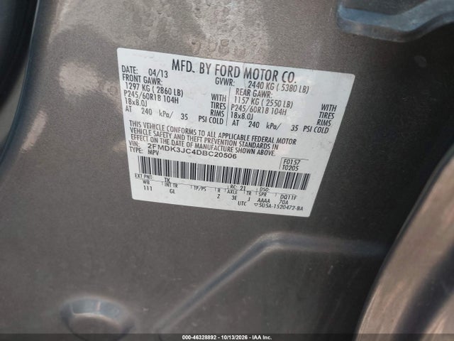 46328892 :رقم المزاد ، 2FMDK3JC4DBC20506 vin ، 2013 Ford Edge Sel مزاد بيع