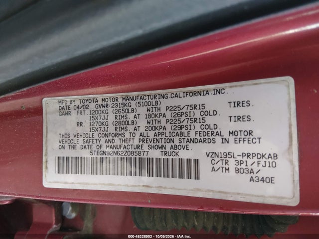 46328902 :رقم المزاد ، 5TEGN92N62Z085877 vin ، 2002 Toyota Tacoma Prerunner V6 مزاد بيع