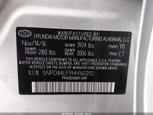 Aukcja sprzedaży 2017 Hyundai Elantra Value Edition, vin: 5NPD84LF9HH160202, numer aukcji: 46328964
