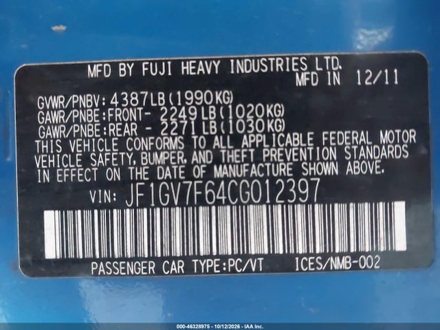 Продаж на аукціоні авто 2012 Subaru Impreza Wrx Premium, vin: JF1GV7F64CG012397, номер лоту: 46328975