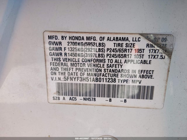 Aukcja sprzedaży 2010 Honda Pilot Ex-l, vin: 5FNYF3H51AB011238, numer aukcji: 46328997