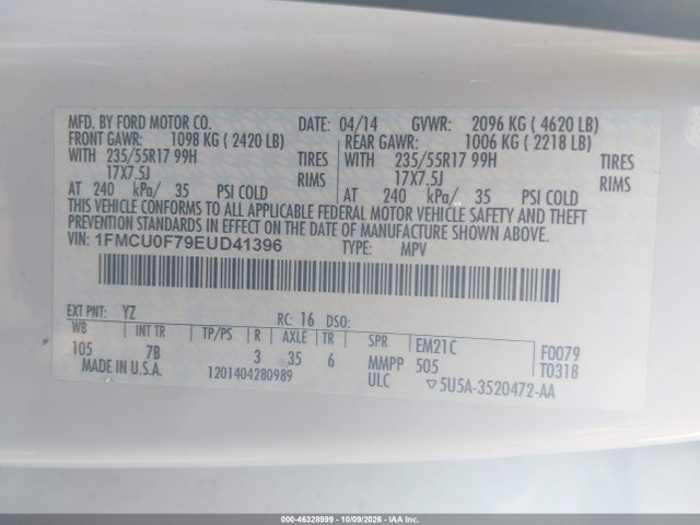 Продаж на аукціоні авто 2014 Ford Escape S, vin: 1FMCU0F79EUD41396, номер лоту: 46328999