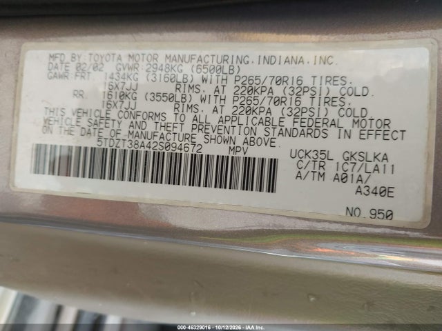 Aukcja sprzedaży 2002 Toyota Sequoia Limited V8, vin: 5TDZT38A42S094672, numer aukcji: 46329016