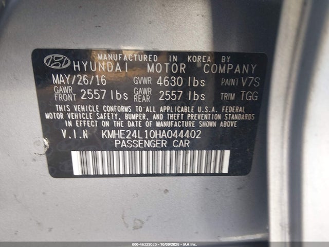 46329030 :رقم المزاد ، KMHE24L10HA044402 vin ، 2017 Hyundai Sonata Hybrid Se مزاد بيع