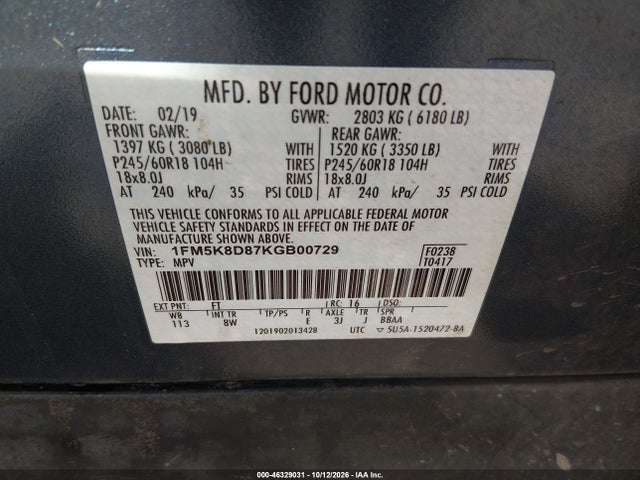 Продаж на аукціоні авто 2019 Ford Explorer Xlt, vin: 1FM5K8D87KGB00729, номер лоту: 46329031