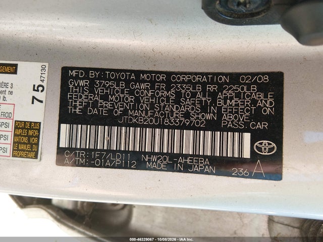 46329067 :رقم المزاد ، JTDKB20U183379702 vin ، 2008 Toyota Prius مزاد بيع