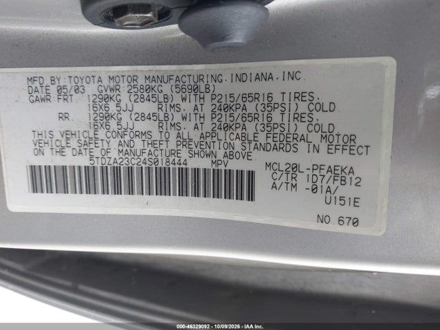Aukcja sprzedaży 2004 Toyota Sienna Le, vin: 5TDZA23C24S018444, numer aukcji: 46329092