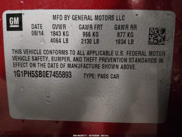 2014 Chevrolet Cruze Eco Auto მანქანა იყიდება აუქციონზე, vin: 1G1PH5SB0E7455893, აუქციონის ნომერი: 46329117