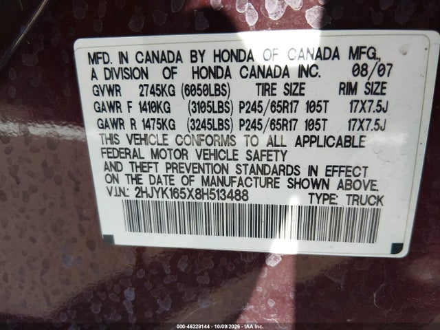 46329144 :رقم المزاد ، 2HJYK165X8H513488 vin ، 2008 Honda Ridgeline Rtl مزاد بيع