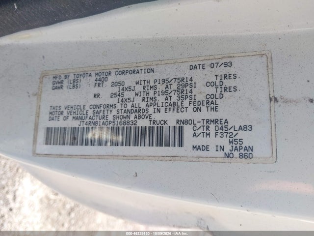 Aukcja sprzedaży 1993 Toyota Pickup 1/2 Ton Short Wheelbase, vin: JT4RN81A0P5168832, numer aukcji: 46329150
