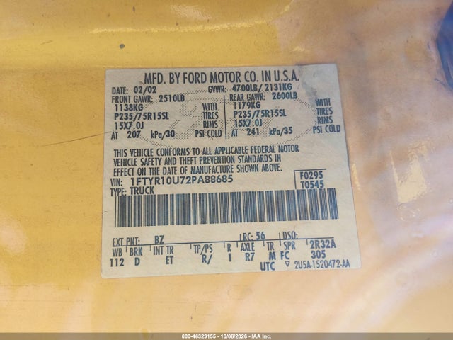 Продаж на аукціоні авто 2002 Ford Ranger Edge/xl/xlt, vin: 1FTYR10U72PA88685, номер лоту: 46329155