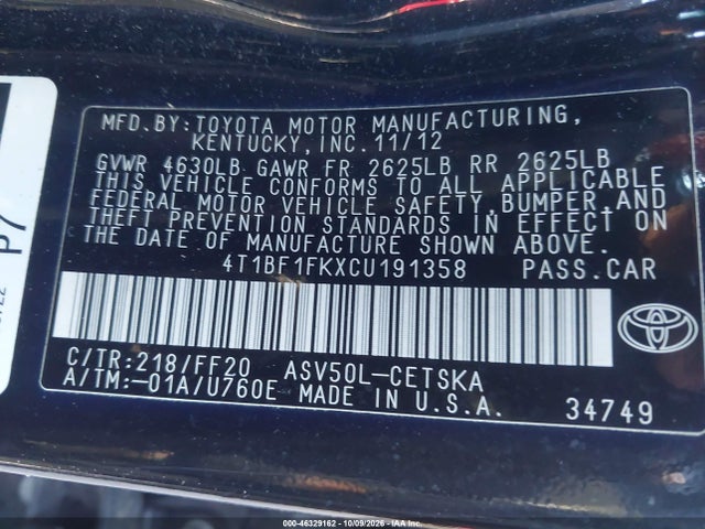46329162 :رقم المزاد ، 4T1BF1FKXCU191358 vin ، 2012 Toyota Camry Se مزاد بيع