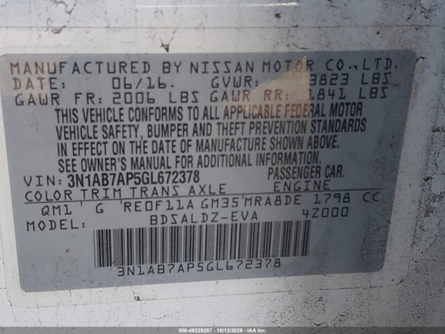 3N1AB7AP5GL672378 Nissan SENTRA SV