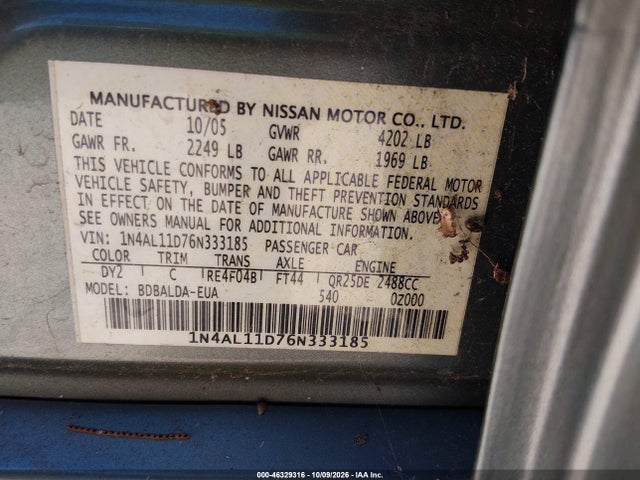 Aukcja sprzedaży 2006 Nissan Altima 2.5 S, vin: 1N4AL11D76N333185, numer aukcji: 46329316