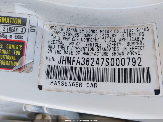 Aukcja sprzedaży 2007 Honda Civic Hybrid, vin: JHMFA36247S000792, numer aukcji: 46329332