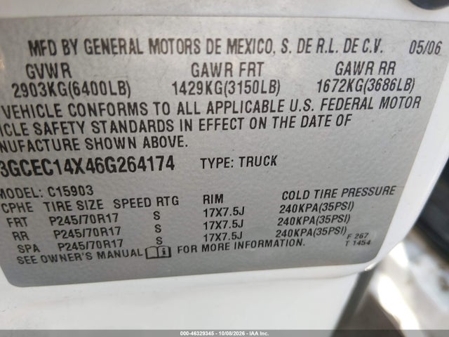 46329345 :رقم المزاد ، 3GCEC14X46G264174 vin ، 2006 Chevrolet Silverado 1500 Work Truck مزاد بيع