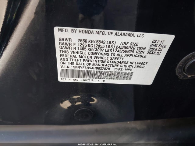 Продаж на аукціоні авто 2017 Honda Pilot Touring, vin: 5FNYF6H94HB027870, номер лоту: 46329346