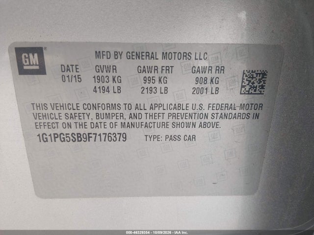 46329354 :رقم المزاد ، 1G1PG5SB9F7176379 vin ، 2015 Chevrolet Cruze Ltz مزاد بيع