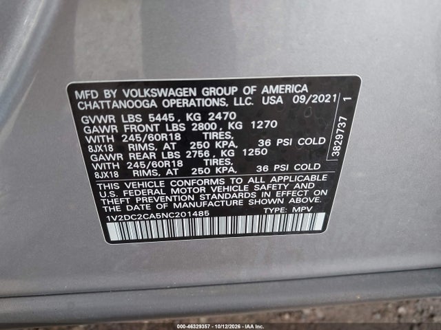 2022 Volkswagen Atlas Cross Sport 2.0t Se მანქანა იყიდება აუქციონზე, vin: 1V2DC2CA5NC201485, აუქციონის ნომერი: 46329357