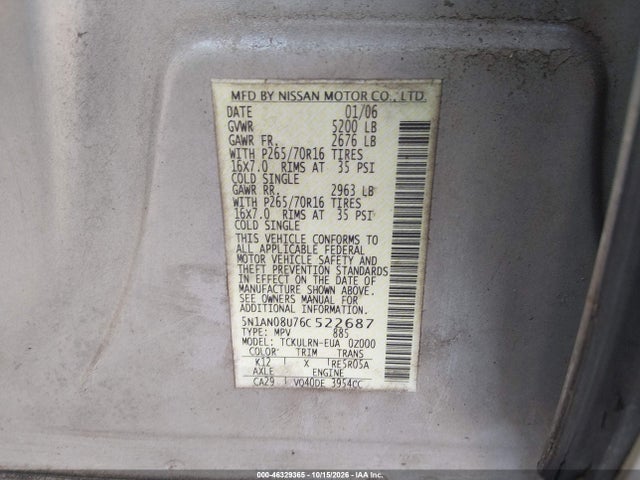 Aukcja sprzedaży 2006 Nissan Xterra S, vin: 5N1AN08U76C522687, numer aukcji: 46329365